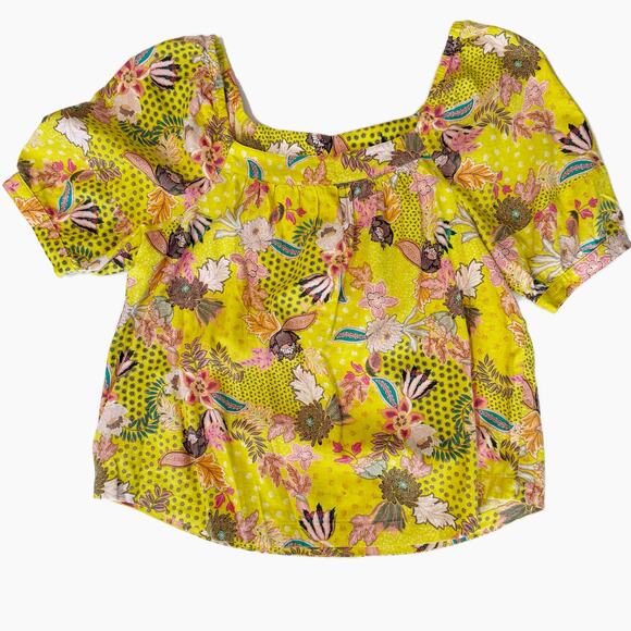 Loft Linen Artsy Yellow Floral Puff Sleeve Top Large Square Neck Boho Vacation - Picture 3 of 13